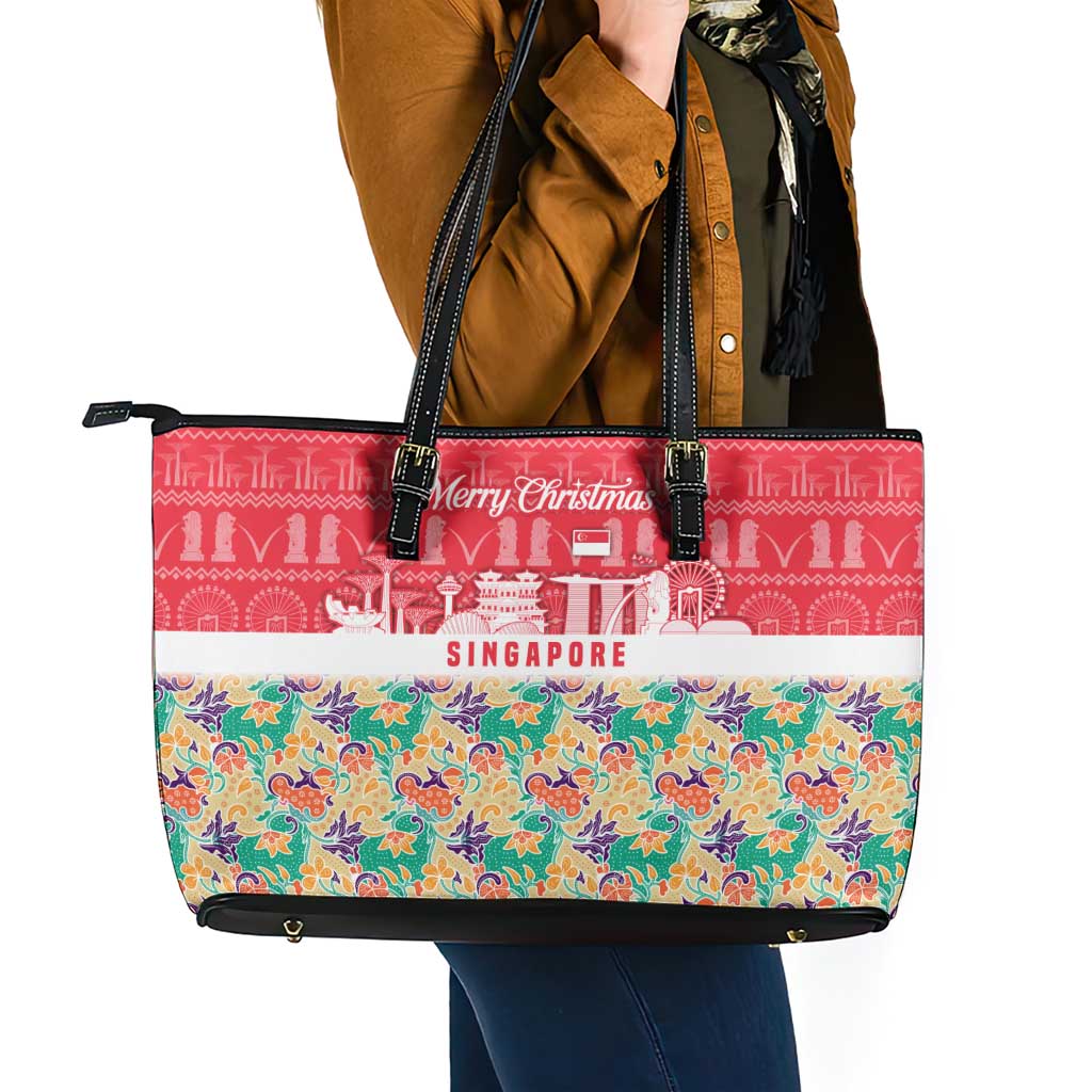 Singapore Christmas Leather Tote Bag with Skyline Batik Patterns Landmark Silhouettes and Festive Design - Wonder Print Shop