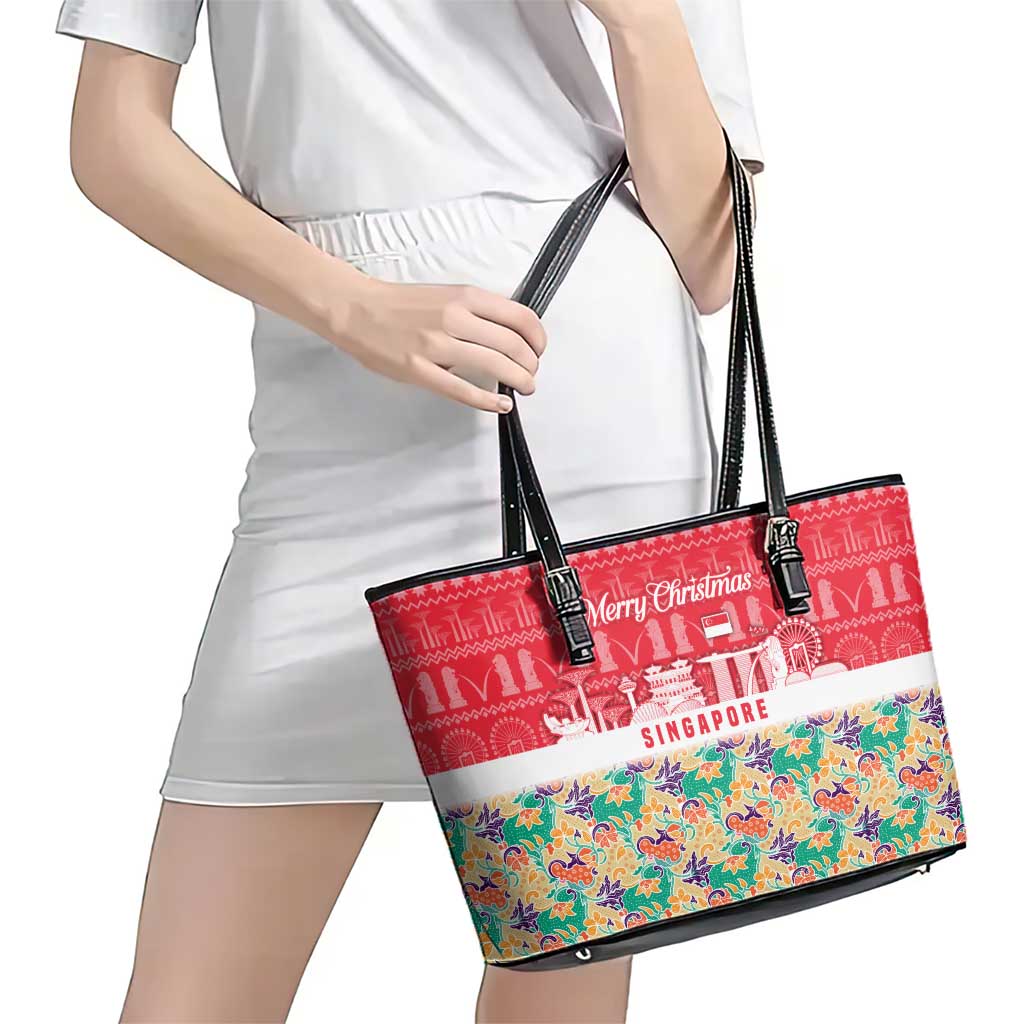 Singapore Christmas Leather Tote Bag with Skyline Batik Patterns Landmark Silhouettes and Festive Design - Wonder Print Shop