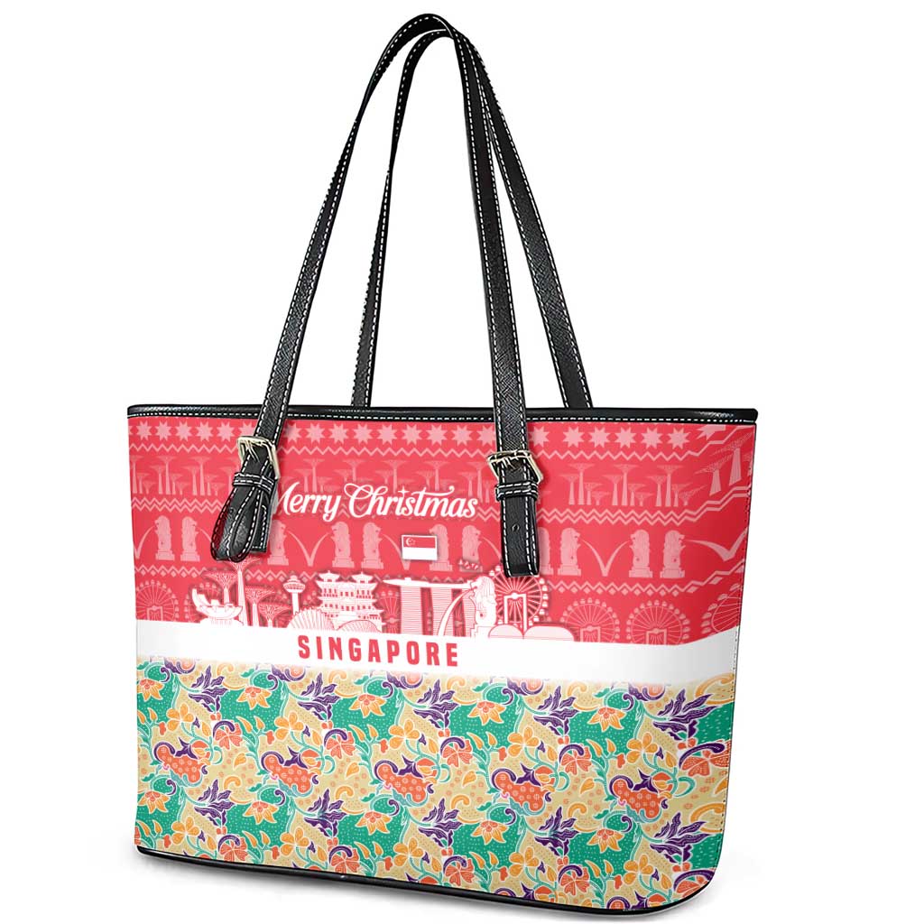 Singapore Christmas Leather Tote Bag with Skyline Batik Patterns Landmark Silhouettes and Festive Design - Wonder Print Shop