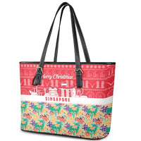 Singapore Christmas Leather Tote Bag with Skyline Batik Patterns Landmark Silhouettes and Festive Design - Wonder Print Shop