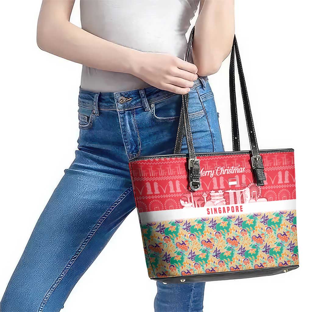 Singapore Christmas Leather Tote Bag with Skyline Batik Patterns Landmark Silhouettes and Festive Design - Wonder Print Shop