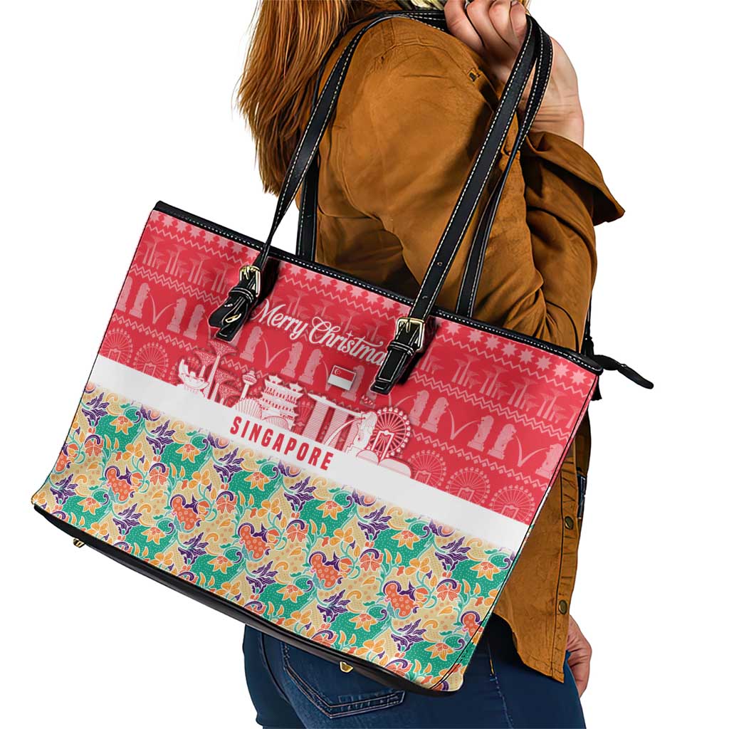 Singapore Christmas Leather Tote Bag with Skyline Batik Patterns Landmark Silhouettes and Festive Design - Wonder Print Shop