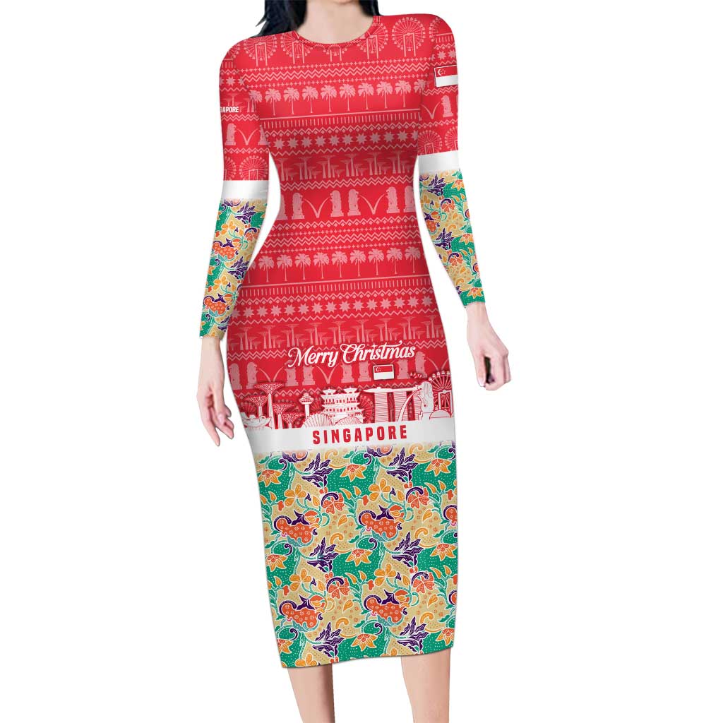 Singapore Christmas Long Sleeve Bodycon Dress with Skyline Batik Patterns Landmark Silhouettes and Festive Design - Wonder Print Shop