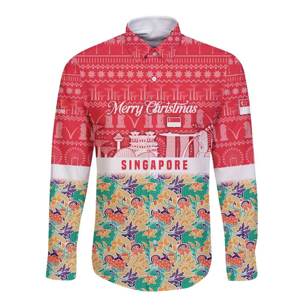 Singapore Christmas Long Sleeve Button Shirt with Skyline Batik Patterns Landmark Silhouettes and Festive Design - Wonder Print Shop
