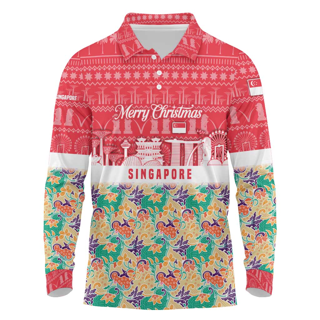Singapore Christmas Long Sleeve Polo Shirt with Skyline Batik Patterns Landmark Silhouettes and Festive Design - Wonder Print Shop