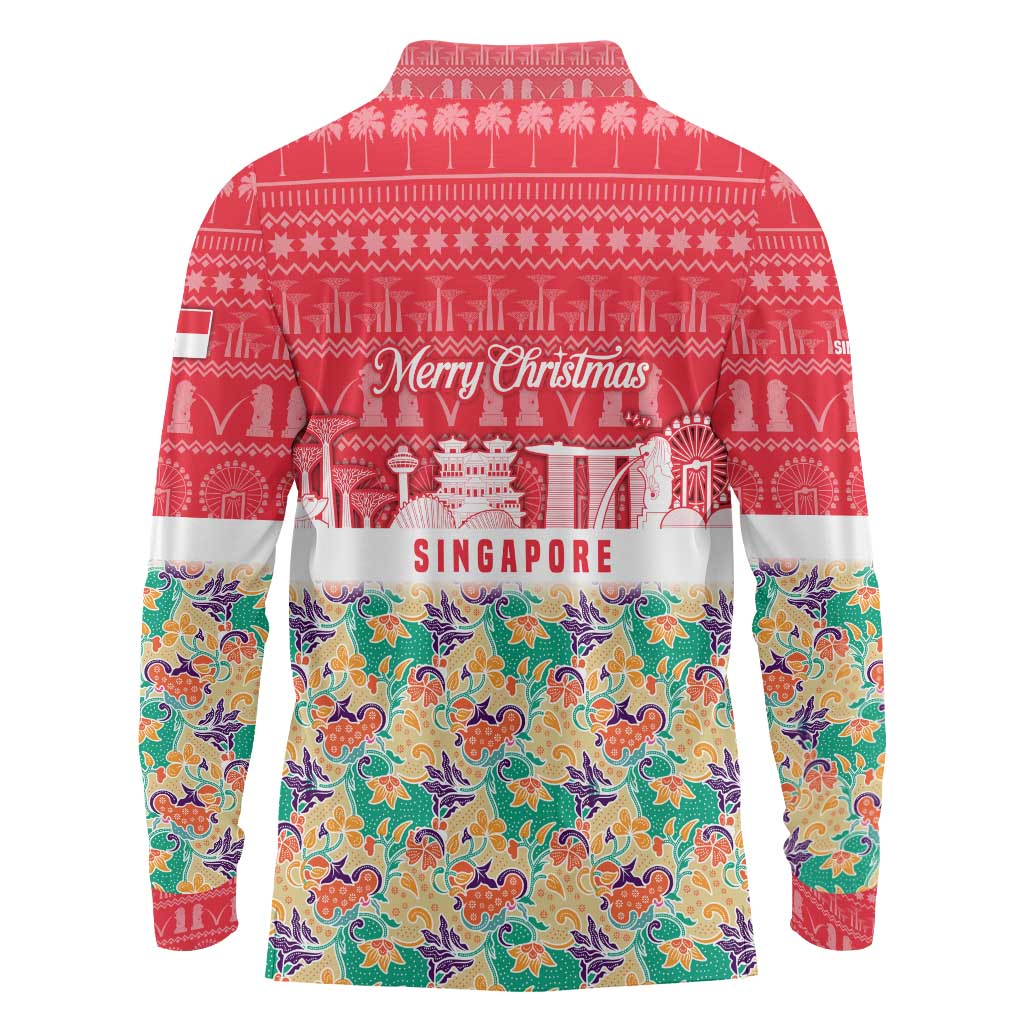 Singapore Christmas Long Sleeve Polo Shirt with Skyline Batik Patterns Landmark Silhouettes and Festive Design - Wonder Print Shop
