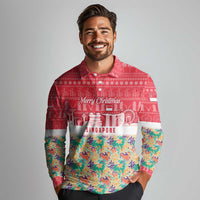 Singapore Christmas Long Sleeve Polo Shirt with Skyline Batik Patterns Landmark Silhouettes and Festive Design - Wonder Print Shop