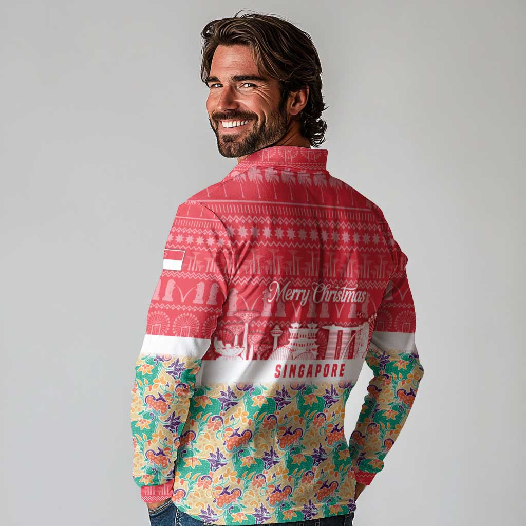 Singapore Christmas Long Sleeve Polo Shirt with Skyline Batik Patterns Landmark Silhouettes and Festive Design - Wonder Print Shop