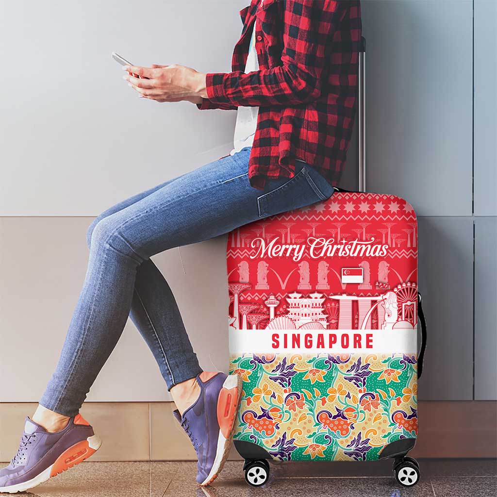 Singapore Christmas Luggage Cover with Skyline Batik Patterns Landmark Silhouettes and Festive Design - Wonder Print Shop