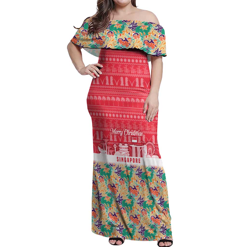Singapore Christmas Off Shoulder Maxi Dress with Skyline Batik Patterns Landmark Silhouettes and Festive Design - Wonder Print Shop