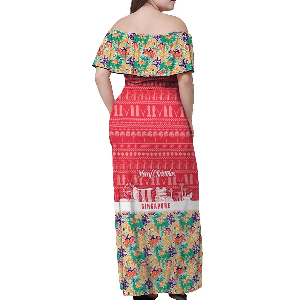 Singapore Christmas Off Shoulder Maxi Dress with Skyline Batik Patterns Landmark Silhouettes and Festive Design - Wonder Print Shop