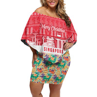 Singapore Christmas Off Shoulder Short Dress with Skyline Batik Patterns Landmark Silhouettes and Festive Design - Wonder Print Shop