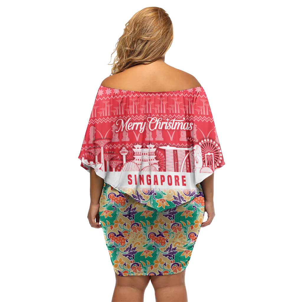 Singapore Christmas Off Shoulder Short Dress with Skyline Batik Patterns Landmark Silhouettes and Festive Design - Wonder Print Shop