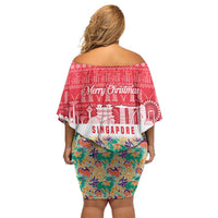 Singapore Christmas Off Shoulder Short Dress with Skyline Batik Patterns Landmark Silhouettes and Festive Design - Wonder Print Shop