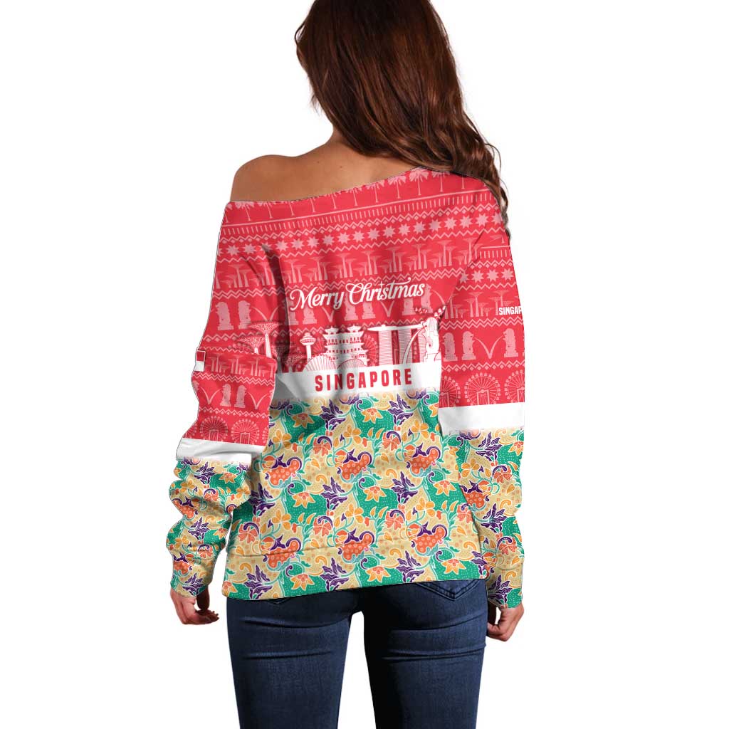 Singapore Christmas Off Shoulder Sweater with Skyline Batik Patterns Landmark Silhouettes and Festive Design - Wonder Print Shop