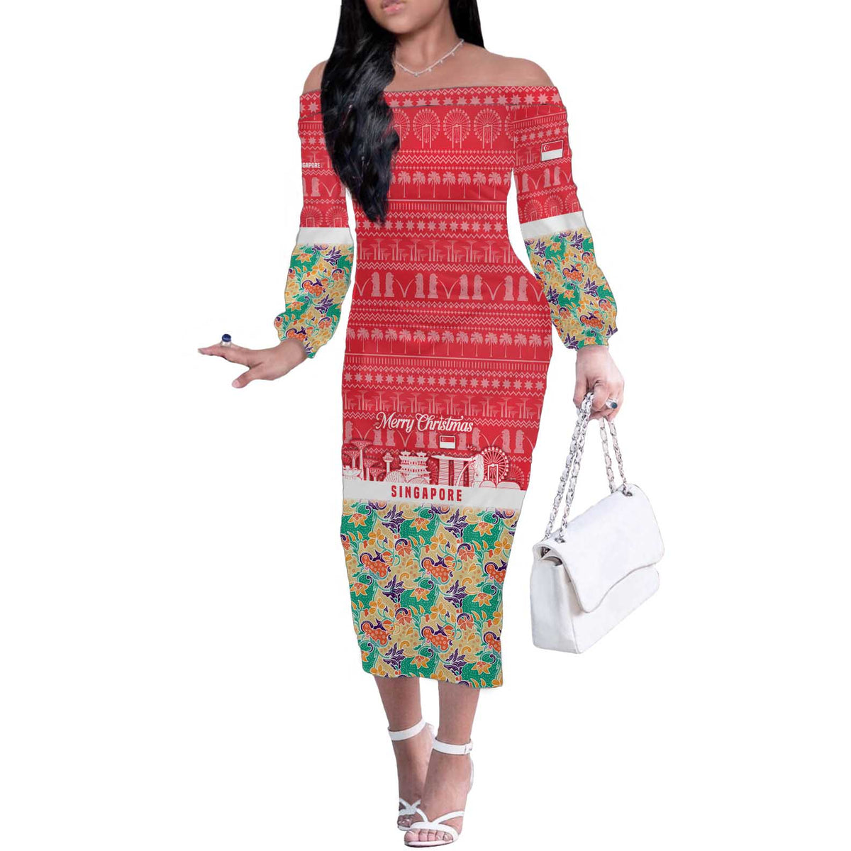 Singapore Christmas Off The Shoulder Long Sleeve Dress with Skyline Batik Patterns Landmark Silhouettes and Festive Design - Wonder Print Shop