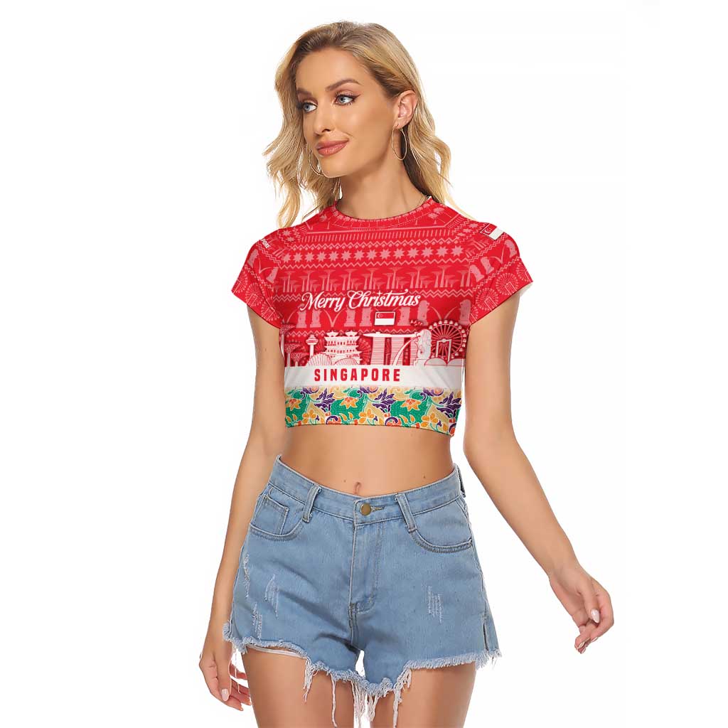 Singapore Christmas Raglan Cropped T Shirt with Skyline Batik Patterns Landmark Silhouettes and Festive Design - Wonder Print Shop