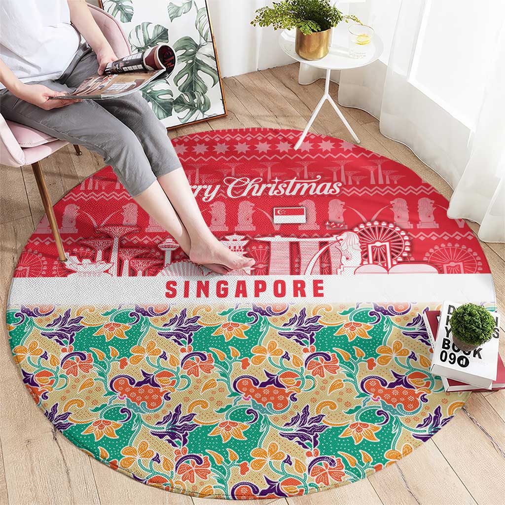 Singapore Christmas Round Carpet with Skyline Batik Patterns Landmark Silhouettes and Festive Design - Wonder Print Shop
