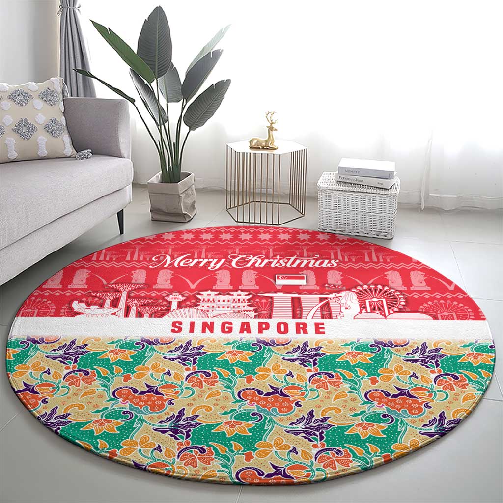 Singapore Christmas Round Carpet with Skyline Batik Patterns Landmark Silhouettes and Festive Design - Wonder Print Shop