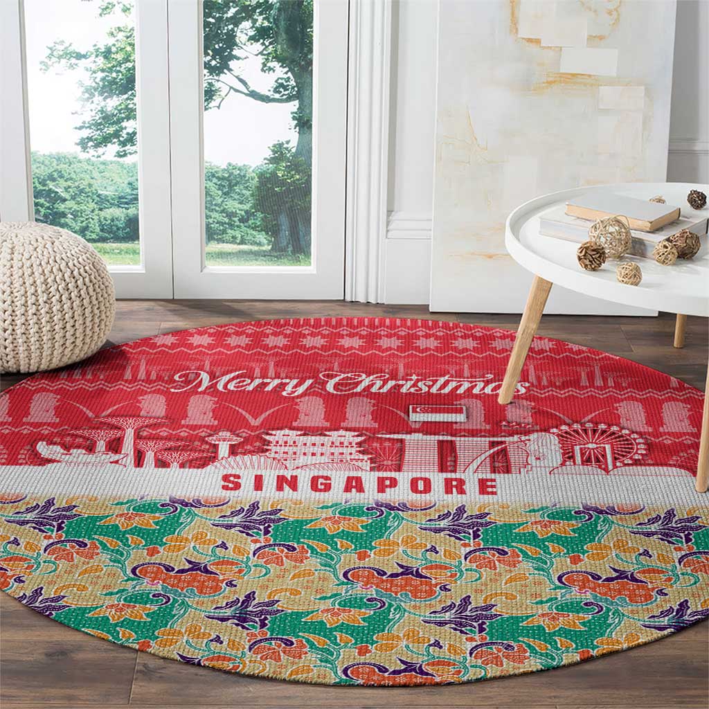 Singapore Christmas Round Carpet with Skyline Batik Patterns Landmark Silhouettes and Festive Design - Wonder Print Shop