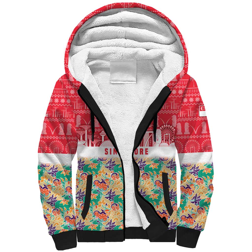 Singapore Christmas Sherpa Hoodie with Skyline Batik Patterns Landmark Silhouettes and Festive Design - Wonder Print Shop