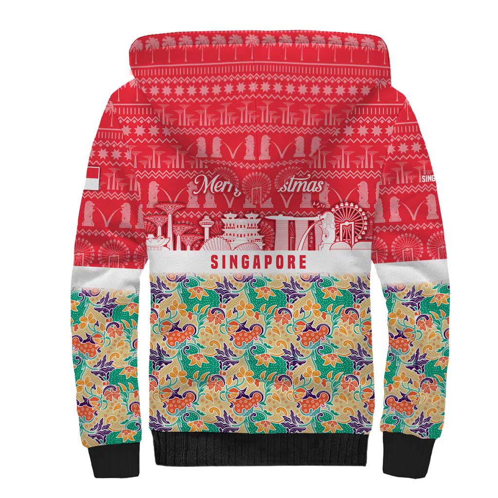 Singapore Christmas Sherpa Hoodie with Skyline Batik Patterns Landmark Silhouettes and Festive Design - Wonder Print Shop
