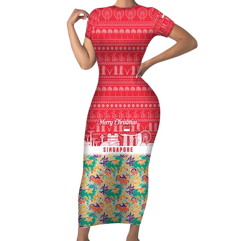 Singapore Christmas Short Sleeve Bodycon Dress with Skyline Batik Patterns Landmark Silhouettes and Festive Design - Wonder Print Shop