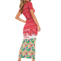Singapore Christmas Short Sleeve Bodycon Dress with Skyline Batik Patterns Landmark Silhouettes and Festive Design - Wonder Print Shop