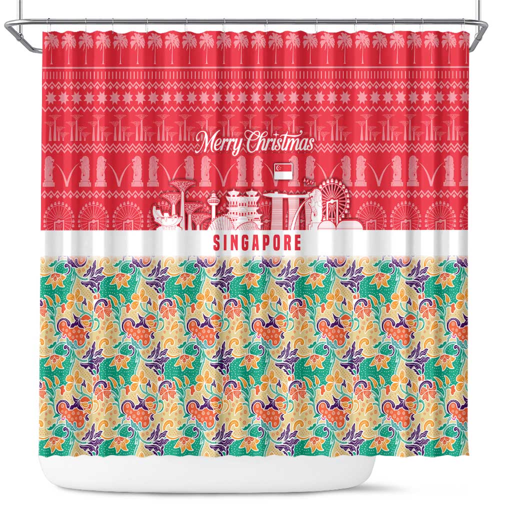 Singapore Christmas Shower Curtain with Skyline Batik Patterns Landmark Silhouettes and Festive Design - Wonder Print Shop