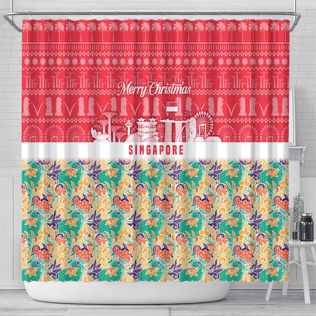 Singapore Christmas Shower Curtain with Skyline Batik Patterns Landmark Silhouettes and Festive Design - Wonder Print Shop