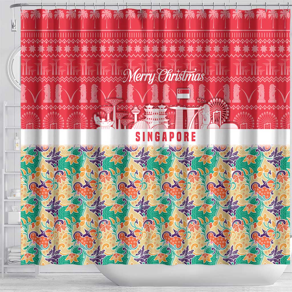 Singapore Christmas Shower Curtain with Skyline Batik Patterns Landmark Silhouettes and Festive Design - Wonder Print Shop