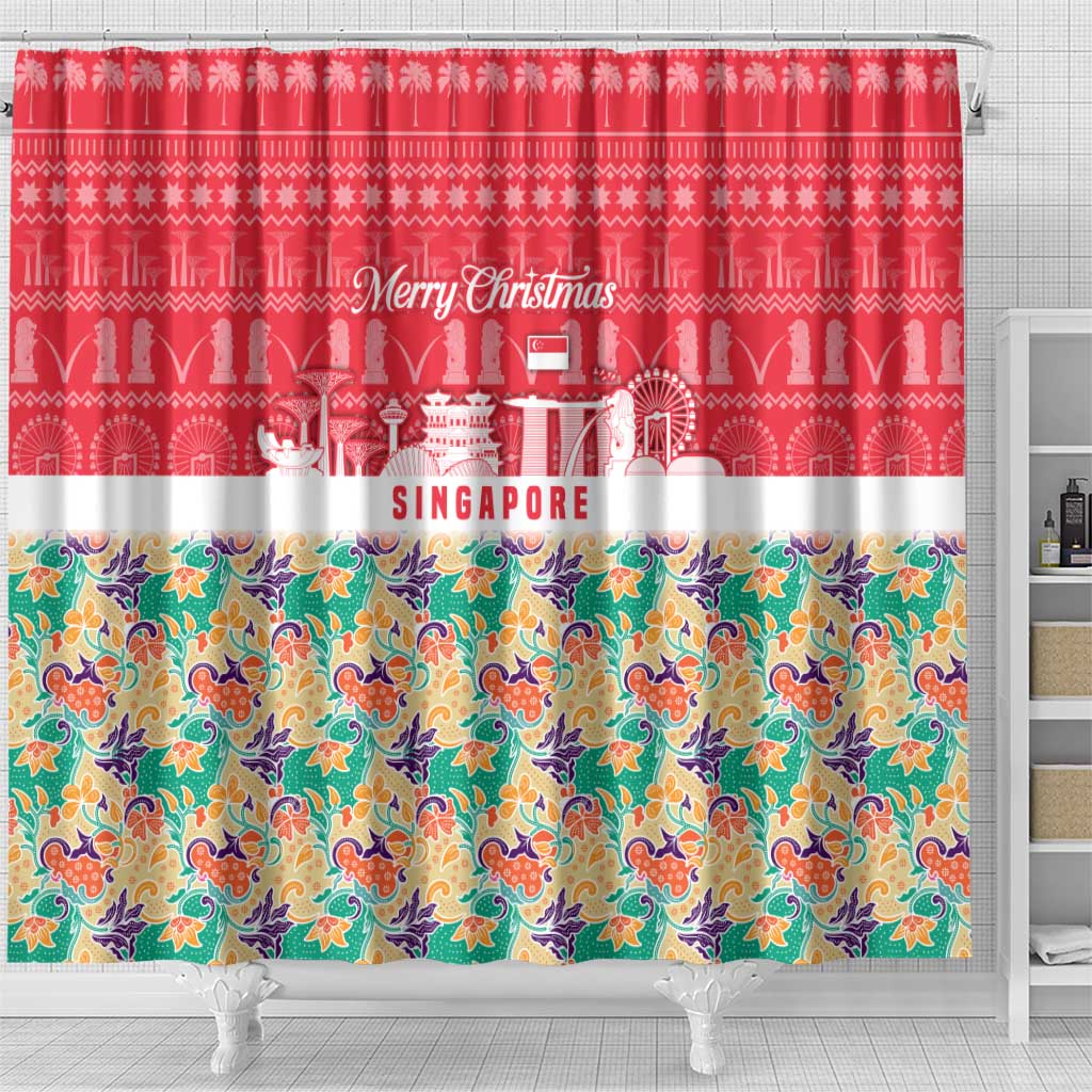 Singapore Christmas Shower Curtain with Skyline Batik Patterns Landmark Silhouettes and Festive Design - Wonder Print Shop