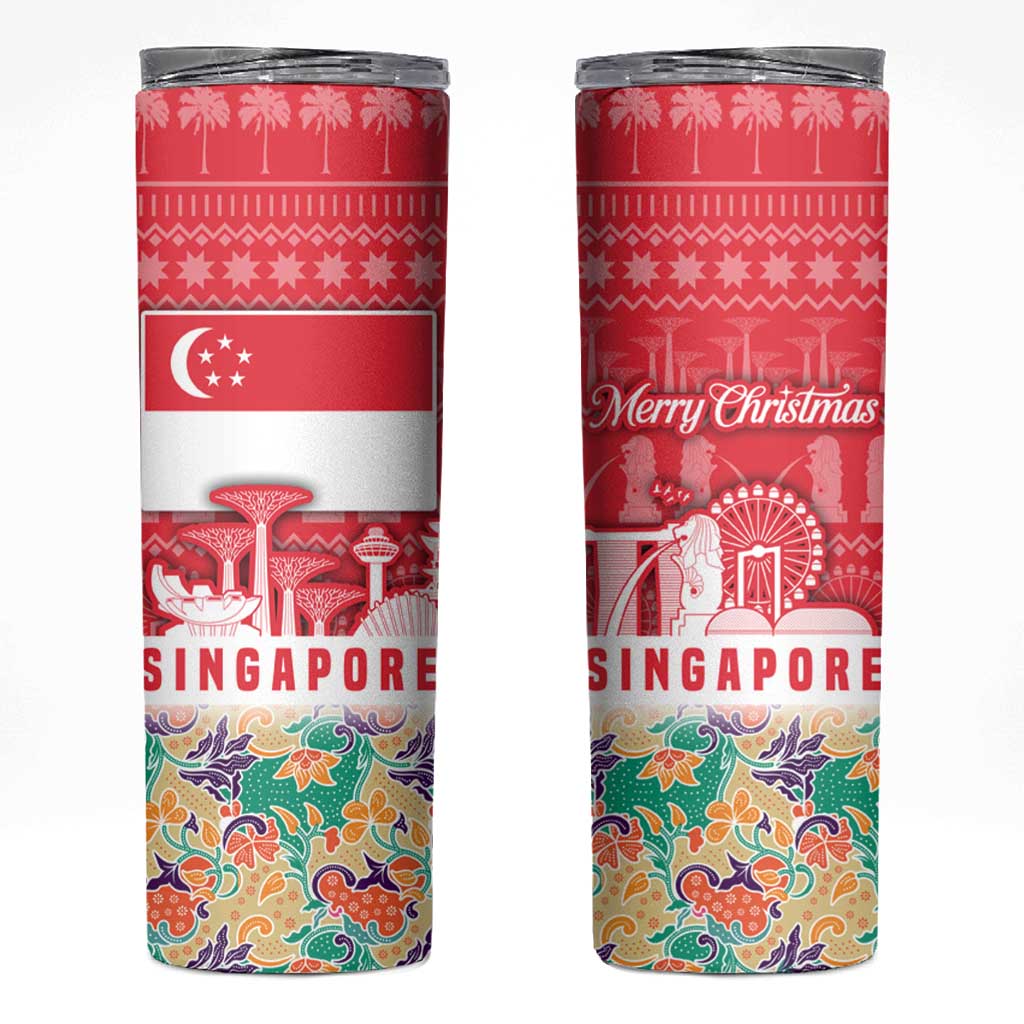 Singapore Christmas Skinny Tumbler with Skyline Batik Patterns Landmark Silhouettes and Festive Design - Wonder Print Shop