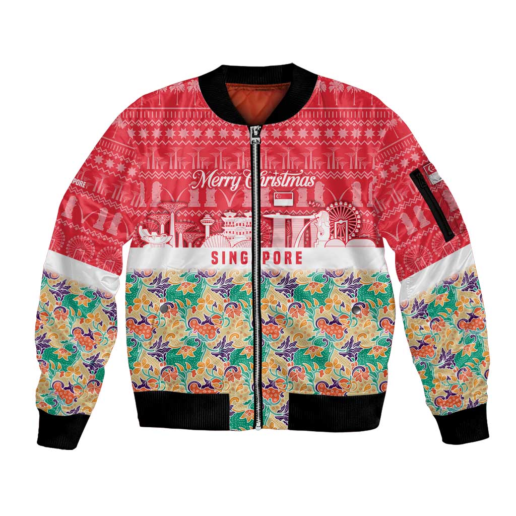 Singapore Christmas Sleeve Zip Bomber Jacket with Skyline Batik Patterns Landmark Silhouettes and Festive Design - Wonder Print Shop