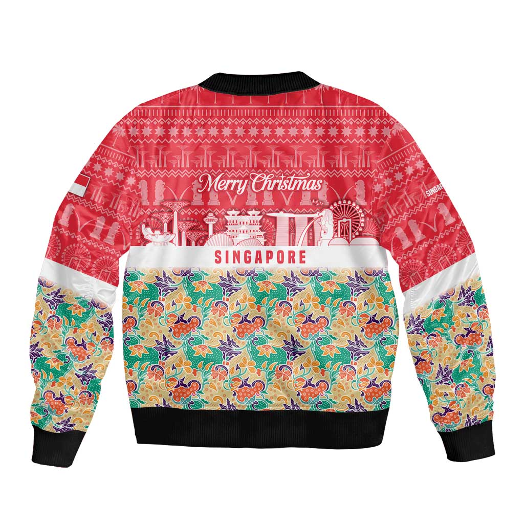 Singapore Christmas Sleeve Zip Bomber Jacket with Skyline Batik Patterns Landmark Silhouettes and Festive Design - Wonder Print Shop