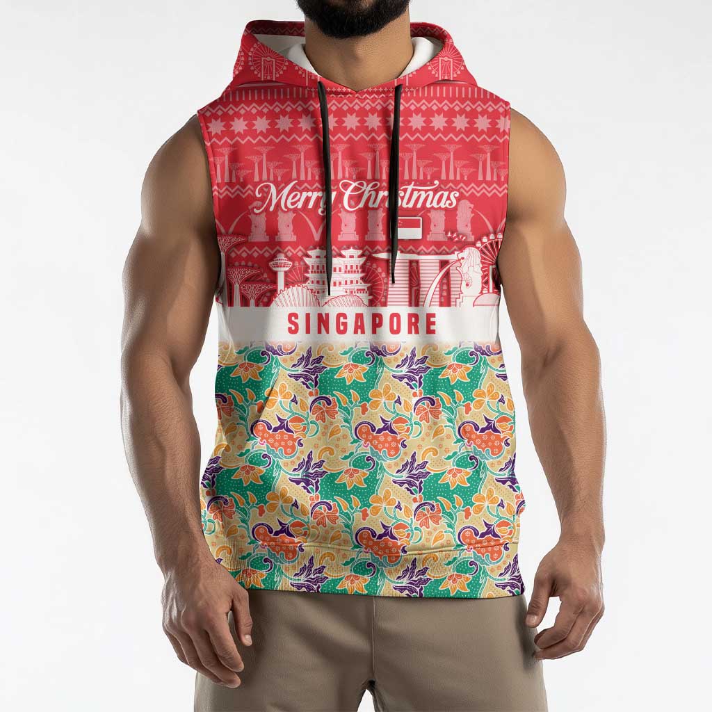 Singapore Christmas Sleeveless Hoodie with Skyline Batik Patterns Landmark Silhouettes and Festive Design - Wonder Print Shop