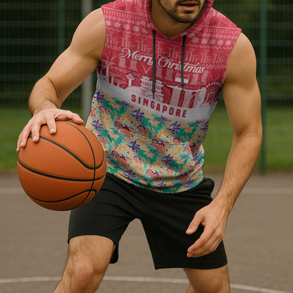 Singapore Christmas Sleeveless Hoodie with Skyline Batik Patterns Landmark Silhouettes and Festive Design - Wonder Print Shop