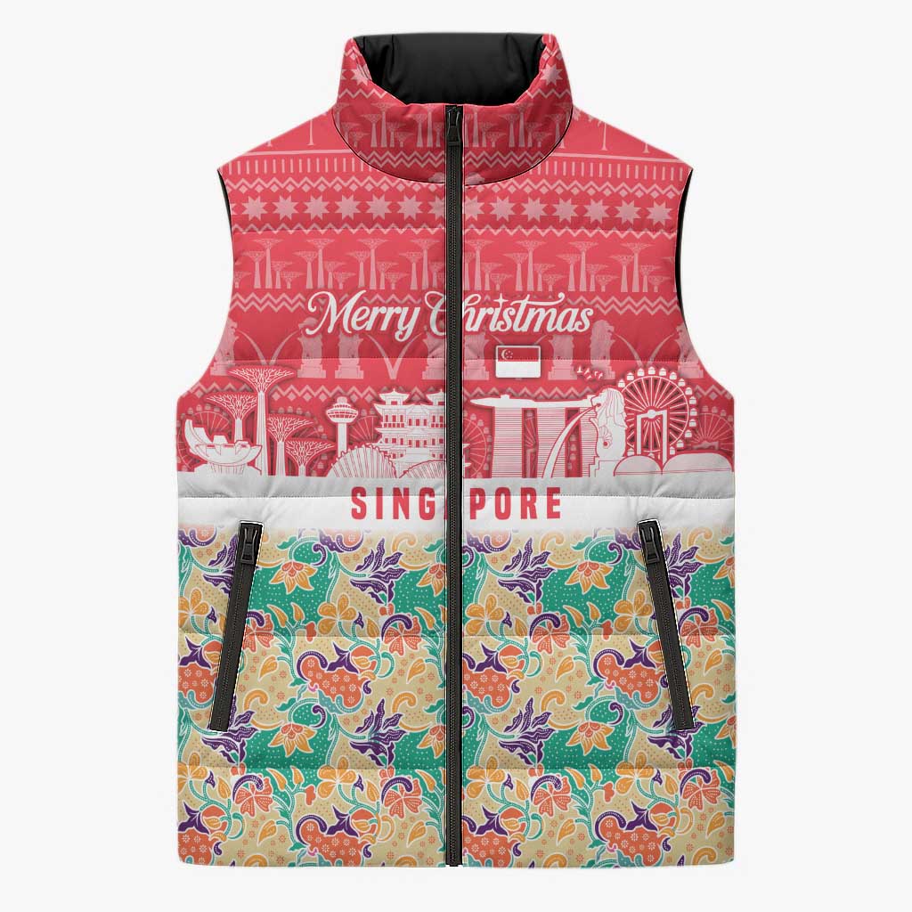 Singapore Christmas Sleeveless Puffer Jacket with Skyline Batik Patterns Landmark Silhouettes and Festive Design - Wonder Print Shop