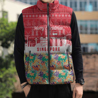 Singapore Christmas Sleeveless Puffer Jacket with Skyline Batik Patterns Landmark Silhouettes and Festive Design - Wonder Print Shop