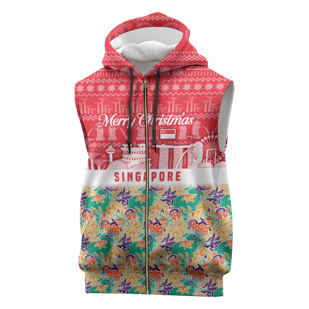 Singapore Christmas Sleeveless Zip Hoodie with Skyline Batik Patterns Landmark Silhouettes and Festive Design - Wonder Print Shop