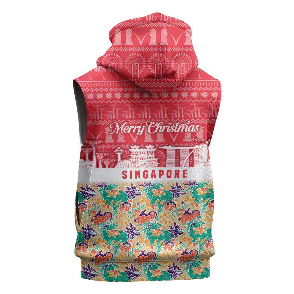 Singapore Christmas Sleeveless Zip Hoodie with Skyline Batik Patterns Landmark Silhouettes and Festive Design - Wonder Print Shop