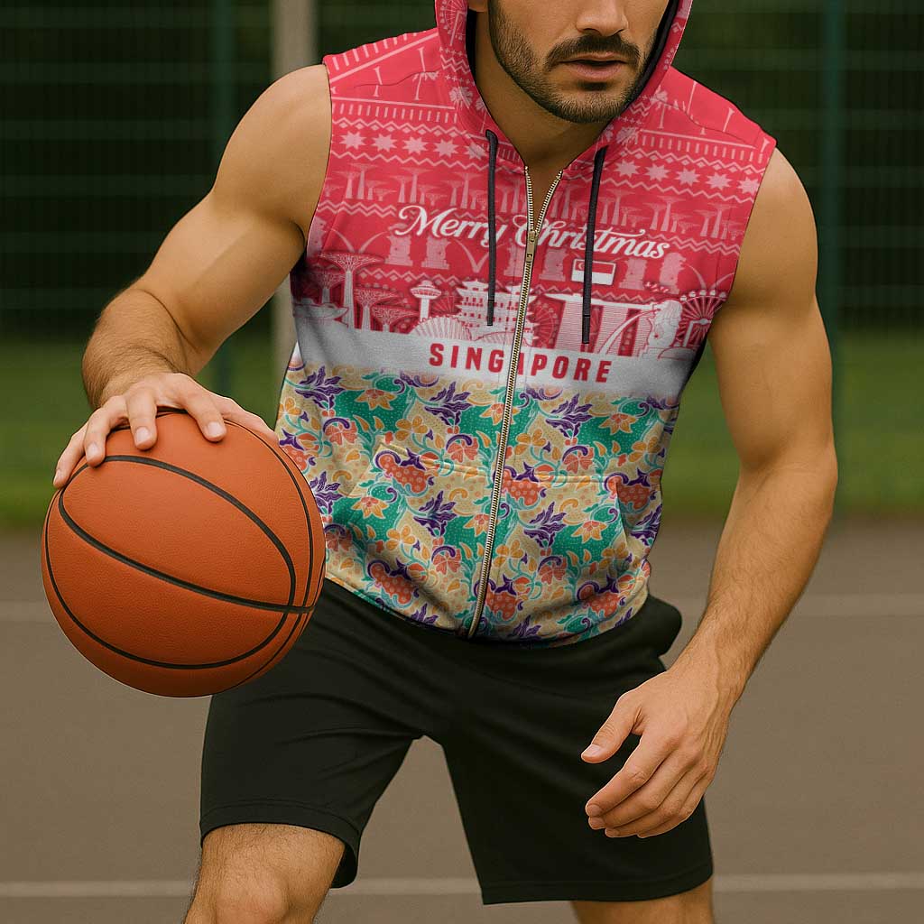 Singapore Christmas Sleeveless Zip Hoodie with Skyline Batik Patterns Landmark Silhouettes and Festive Design - Wonder Print Shop