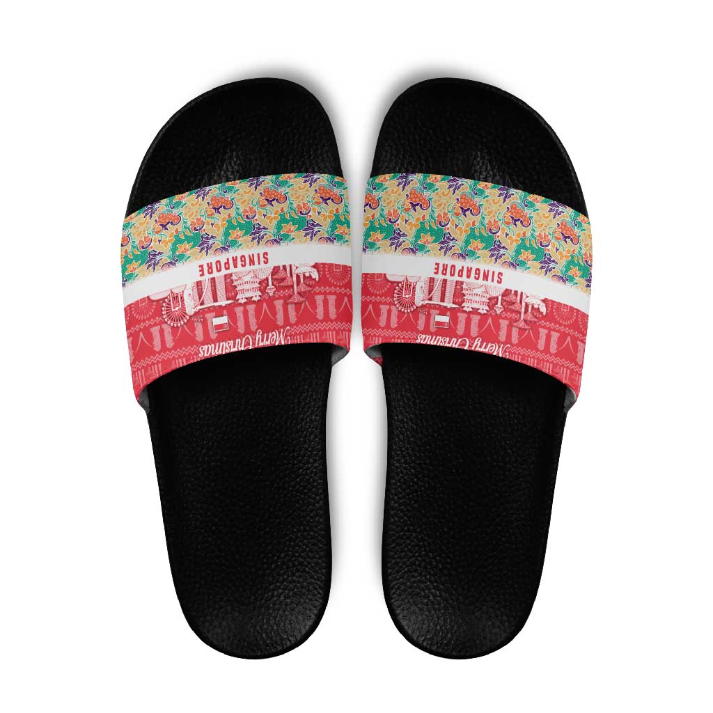 Singapore Christmas Slide Sandals with Skyline Batik Patterns Landmark Silhouettes and Festive Design - Wonder Print Shop