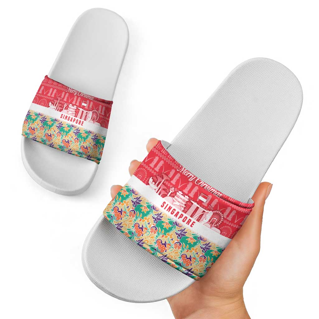 Singapore Christmas Slide Sandals with Skyline Batik Patterns Landmark Silhouettes and Festive Design - Wonder Print Shop