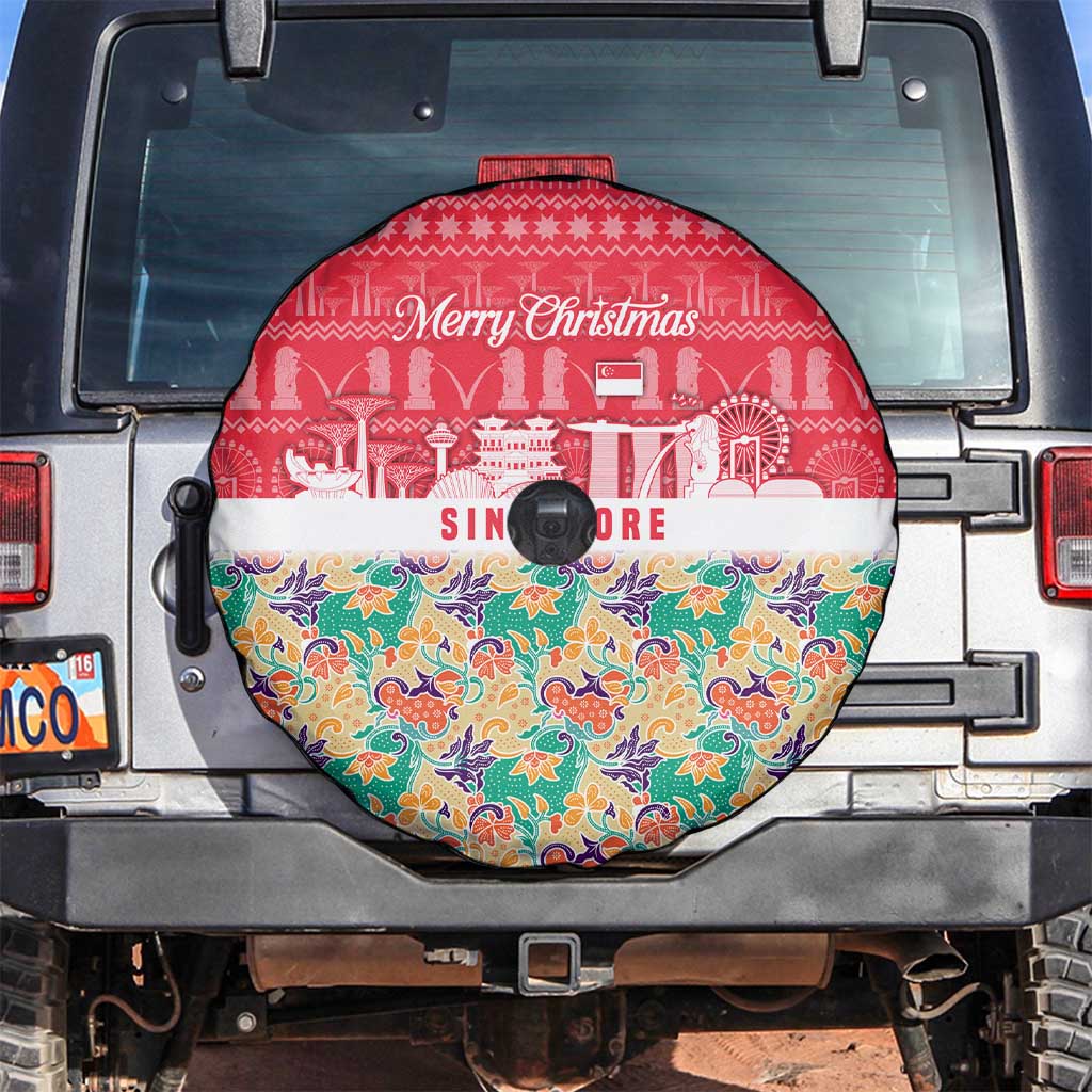 Singapore Christmas Spare Tire Cover with Skyline Batik Patterns Landmark Silhouettes and Festive Design - Wonder Print Shop