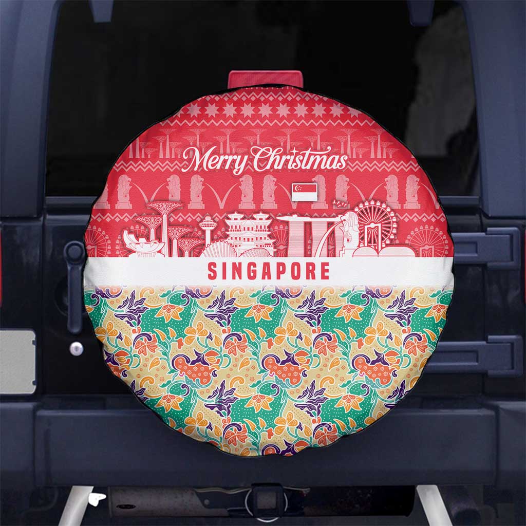 Singapore Christmas Spare Tire Cover with Skyline Batik Patterns Landmark Silhouettes and Festive Design - Wonder Print Shop