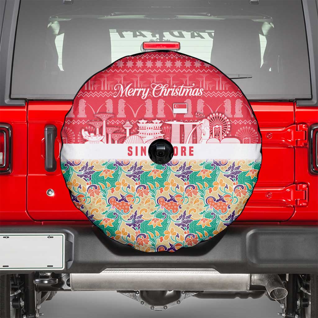 Singapore Christmas Spare Tire Cover with Skyline Batik Patterns Landmark Silhouettes and Festive Design - Wonder Print Shop