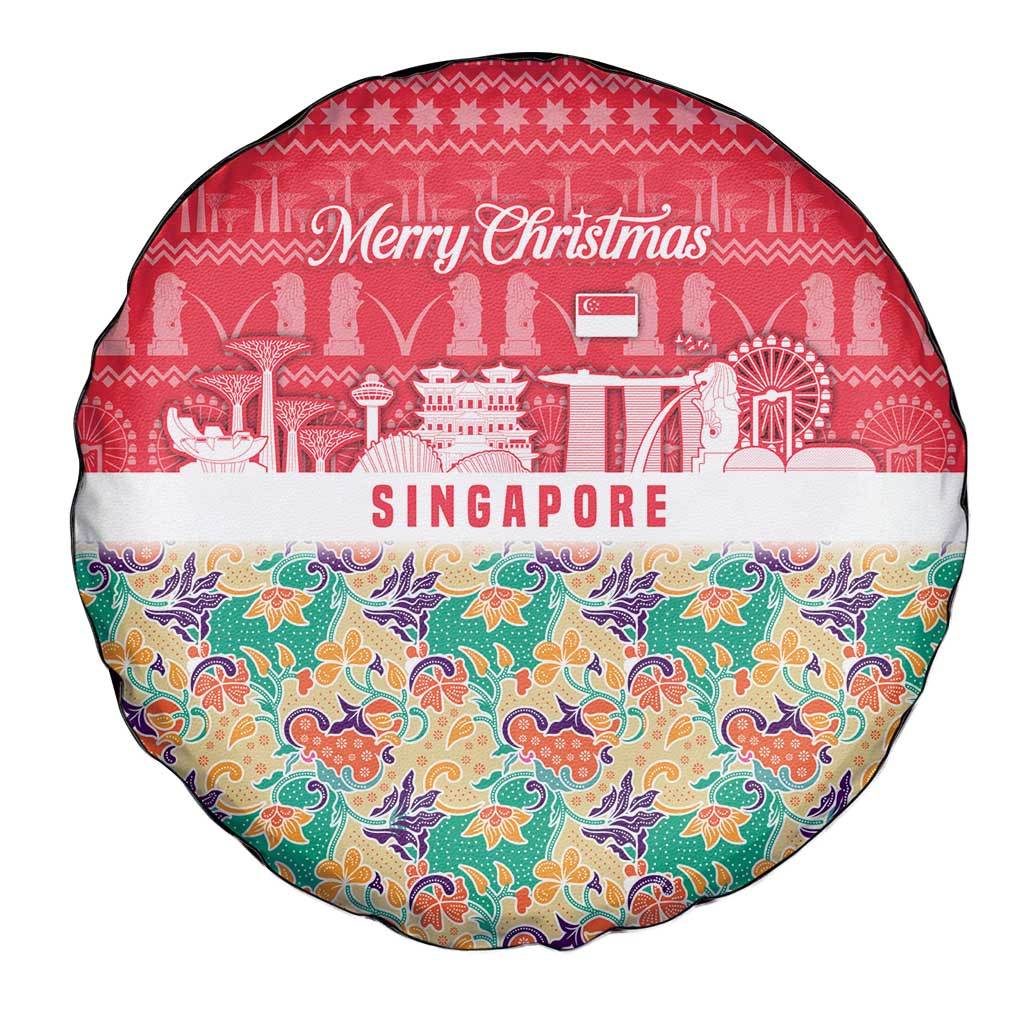 Singapore Christmas Spare Tire Cover with Skyline Batik Patterns Landmark Silhouettes and Festive Design - Wonder Print Shop