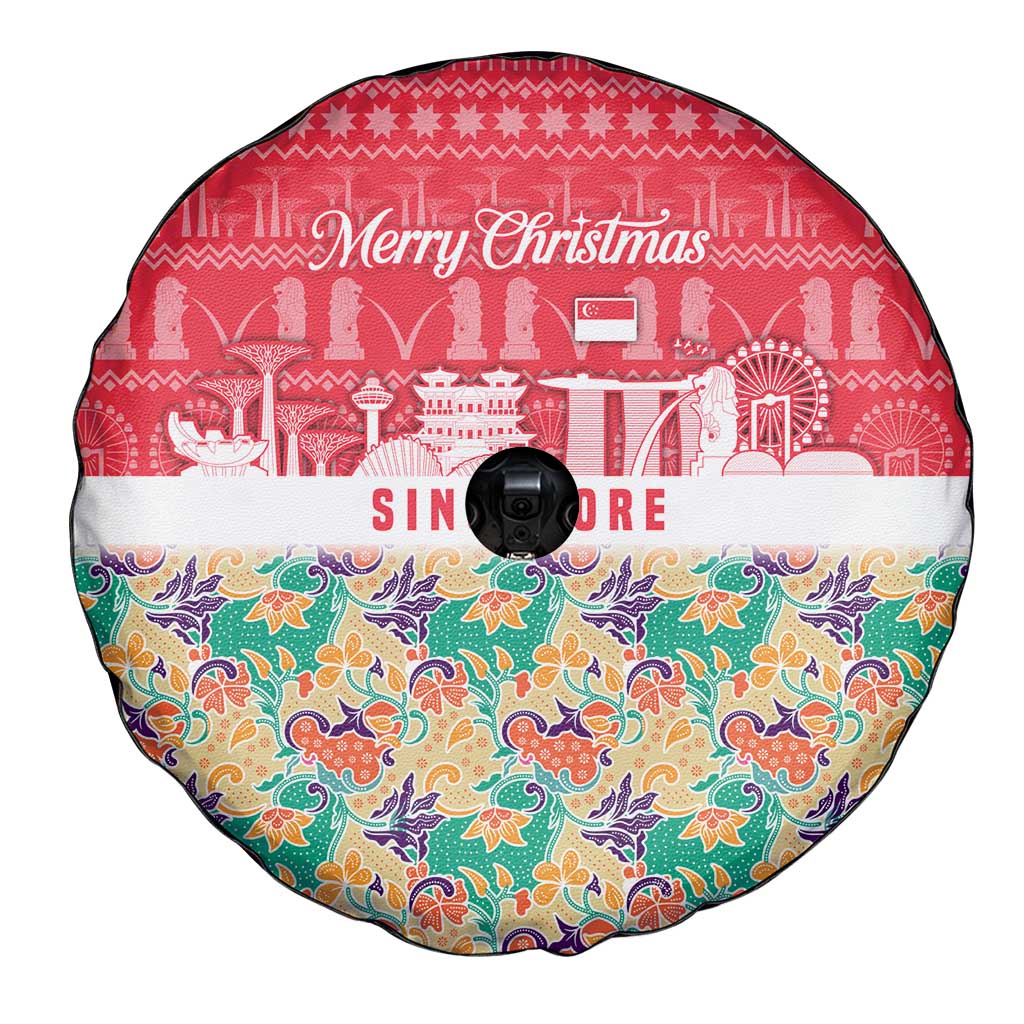 Singapore Christmas Spare Tire Cover with Skyline Batik Patterns Landmark Silhouettes and Festive Design - Wonder Print Shop