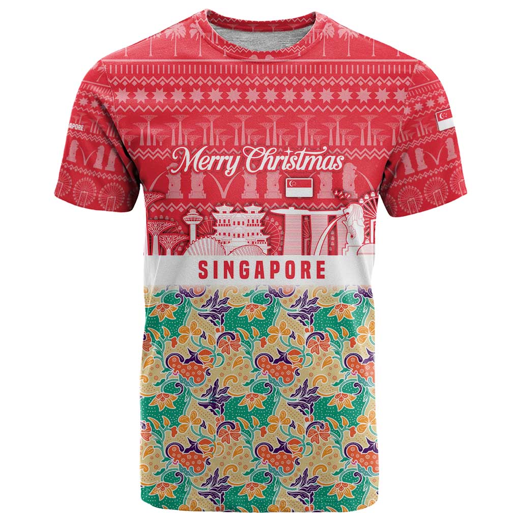 Singapore Christmas T Shirt with Skyline Batik Patterns Landmark Silhouettes and Festive Design - Wonder Print Shop